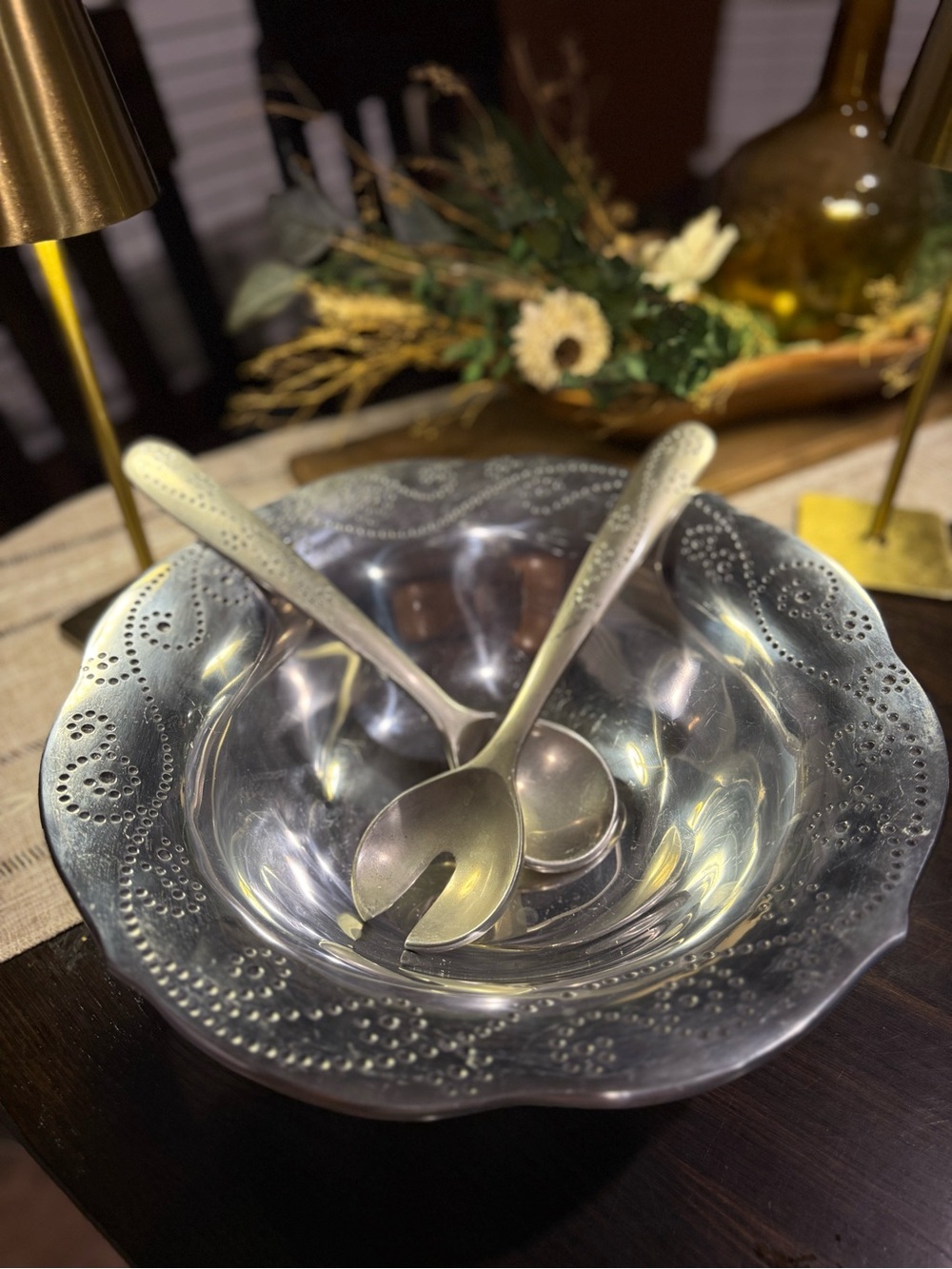 Lenox French Perle Silver 14” Salad Bowl Set with Serving Utensils
